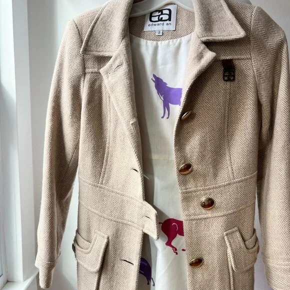 Vintage tan herringbone wool coat size xs - Picture 5 of 12